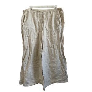 Grade & Gather Womens Oatmeal 100% Linen Wide Leg Drawstring Pants Cropped Large